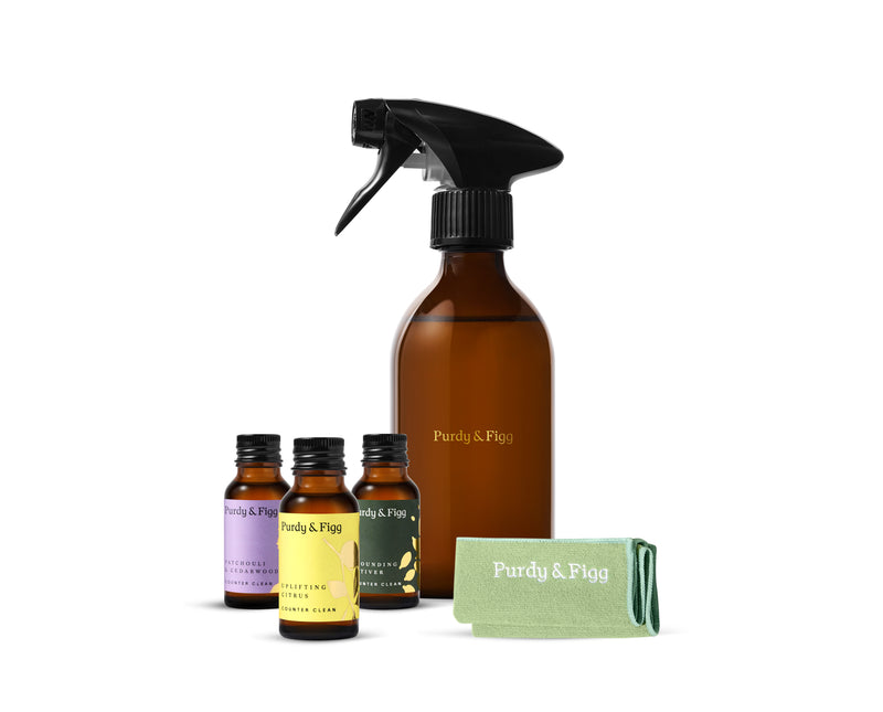 Purdy & Figg Counter Clean Starter Kit with glass bottle and eco-concentrates