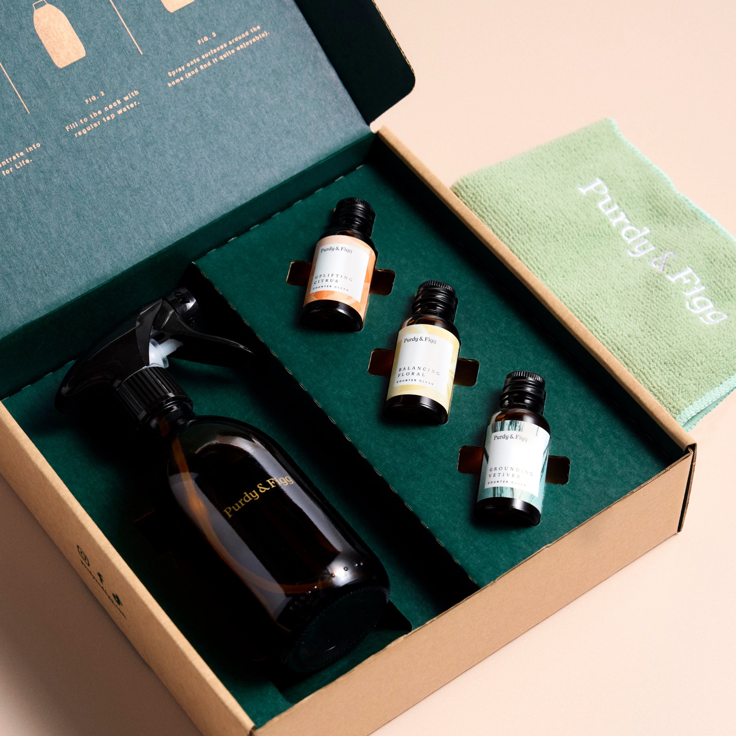 A Bottle for Life and 3 concentrates in a beautiful green-lined cardboard box, with a cloth