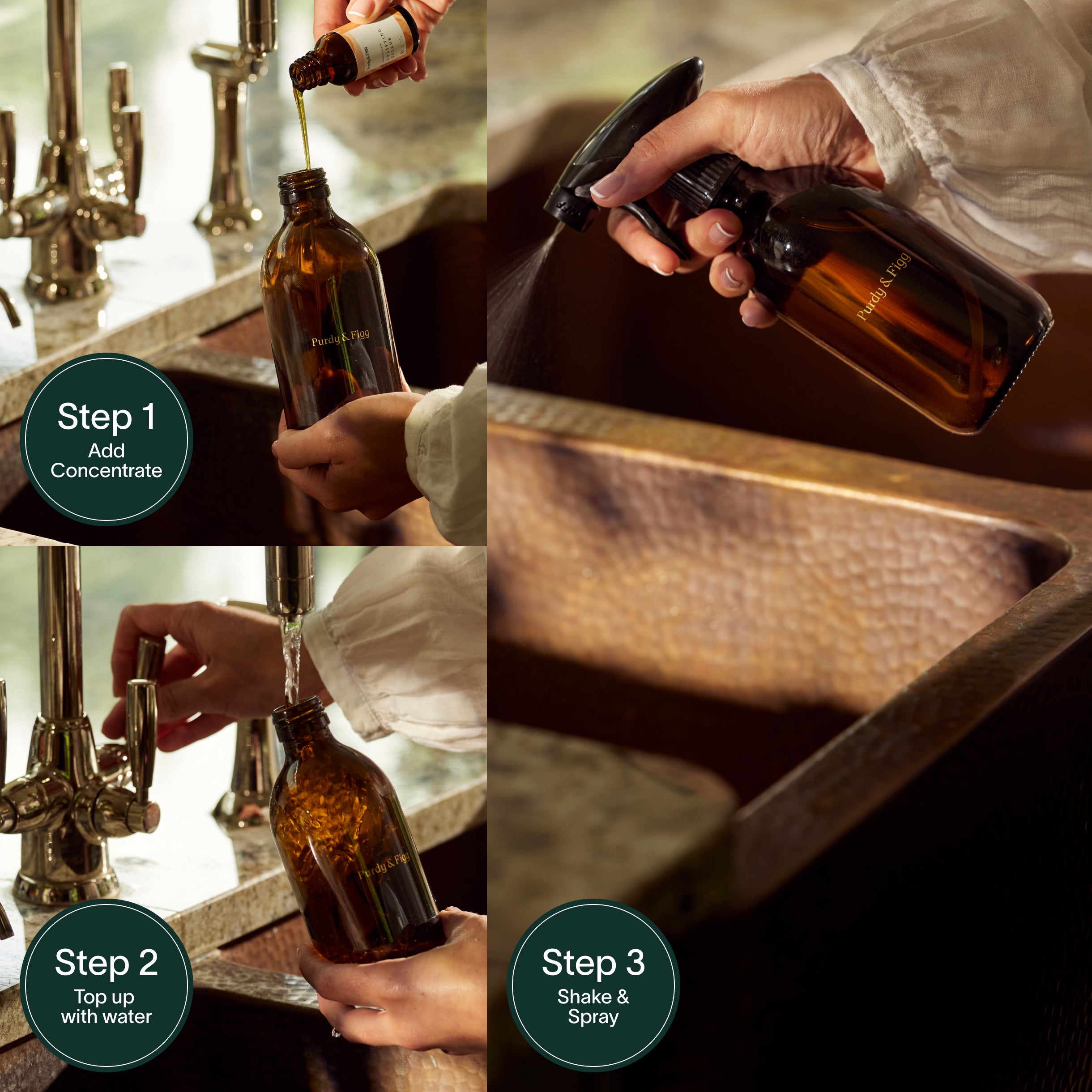 Step 1: Add Concentrate, Step 2: Top up with water, Step 3: Shake & Spray