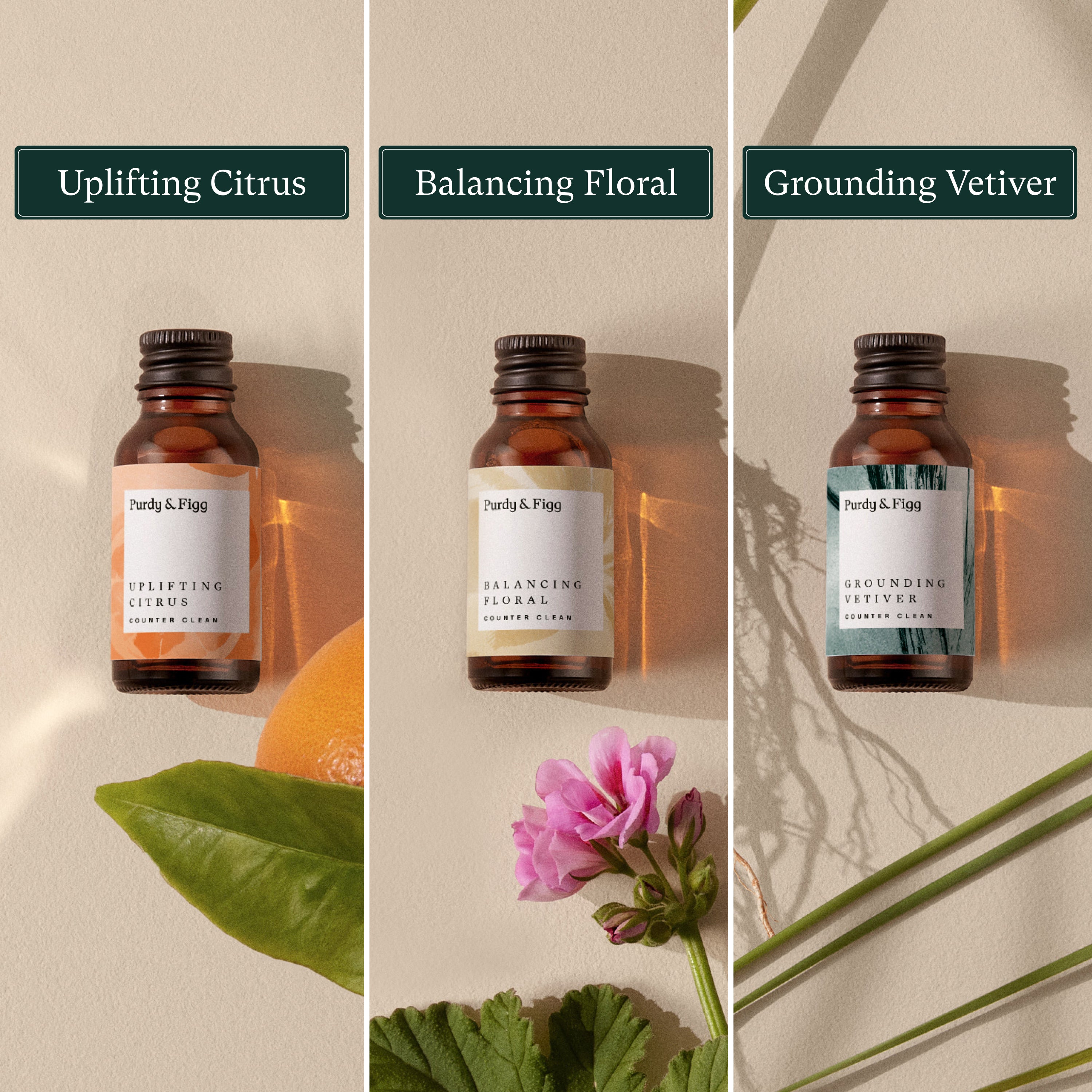 An image split in three, with a Signature Scent and their core ingredients in each third.