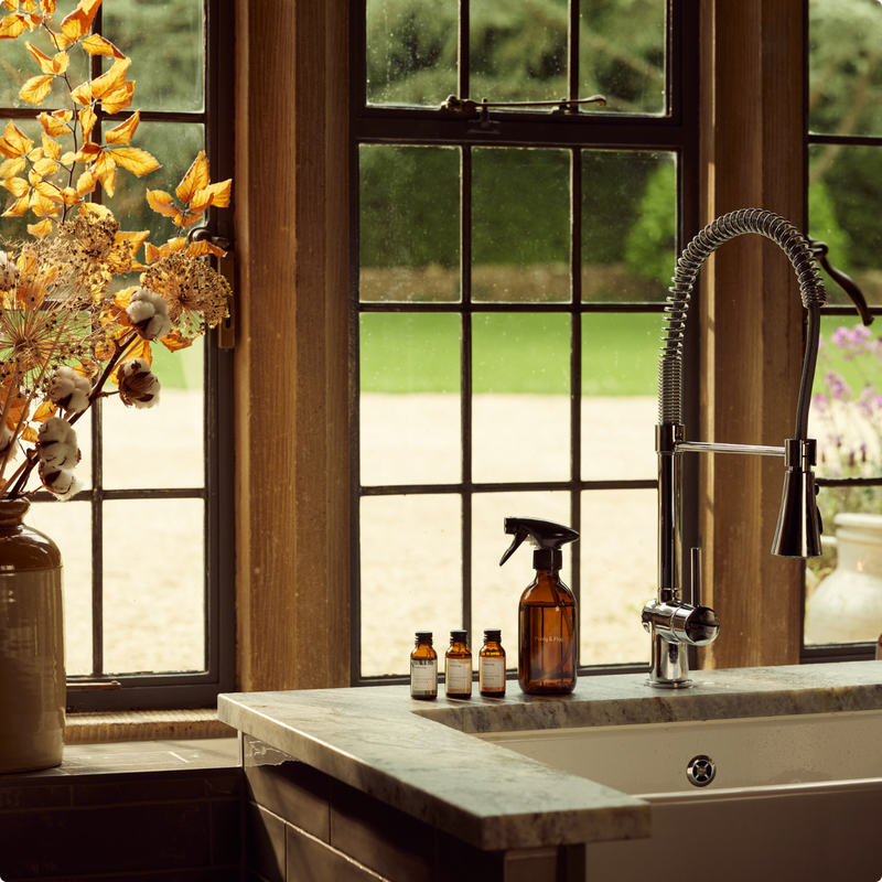 Bottle for Life and 3 concentrates on beautiful marble sink in front of glass window showing a garden