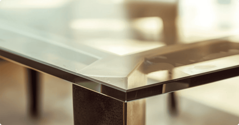 Glass table edge, close up